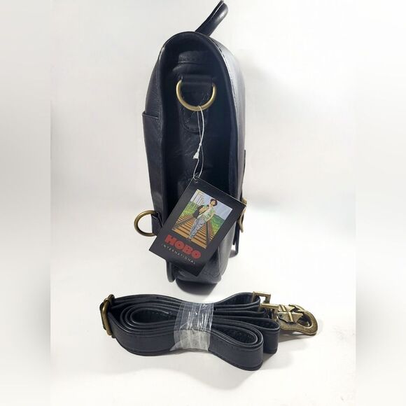 HOBO International Black Leather Saddle Bag Crossbody Backpack Brass Accents NWT - Picture 5 of 16